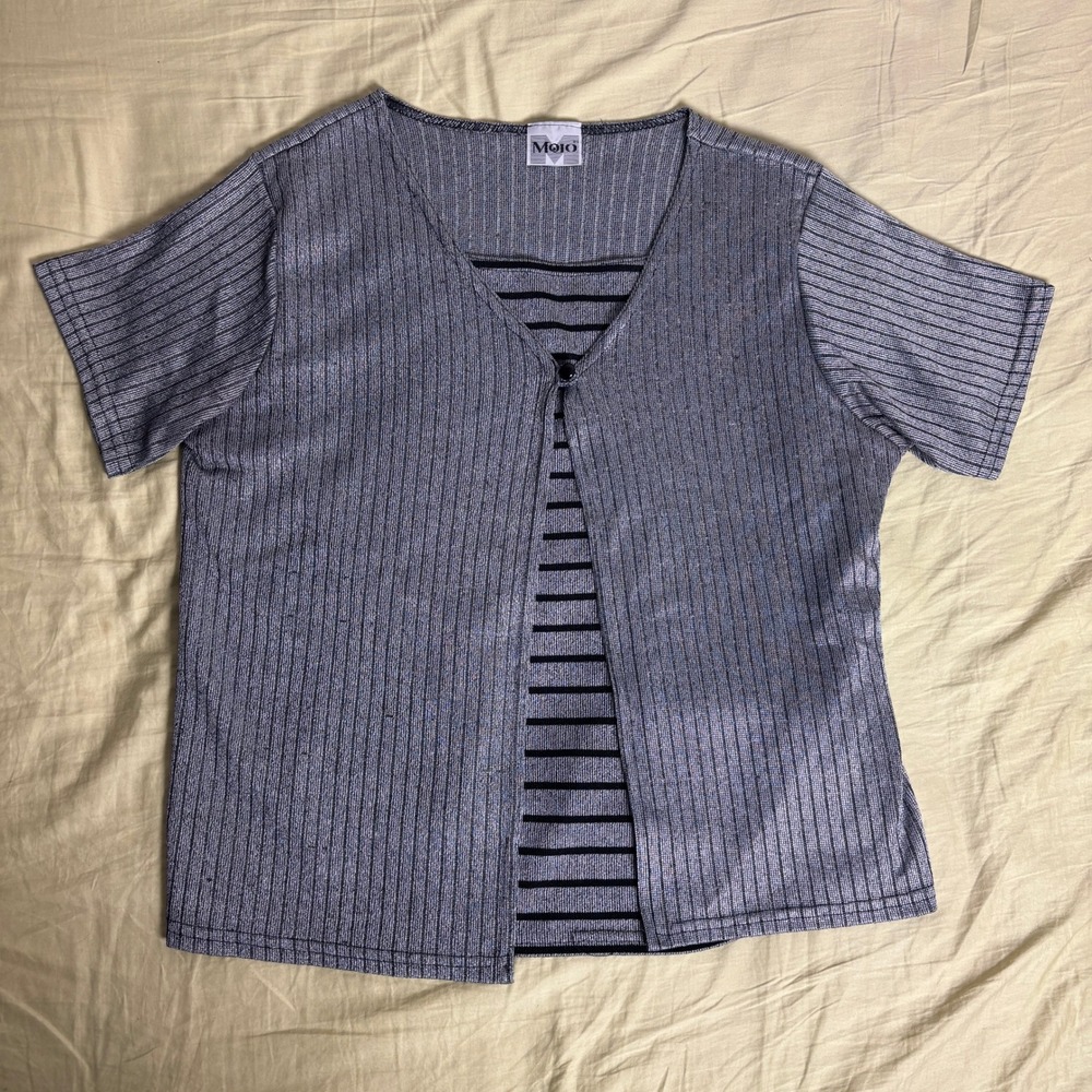 Mojo Womens Metallic Silver Ribbed Short Sleeve Layered Striped Top Size M